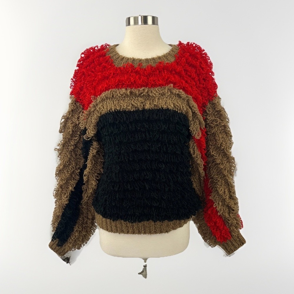 Vintage 80s Clovis Ruffin‎ Knit Shaggy Sweater Sz S Red Black Colorblock Retro